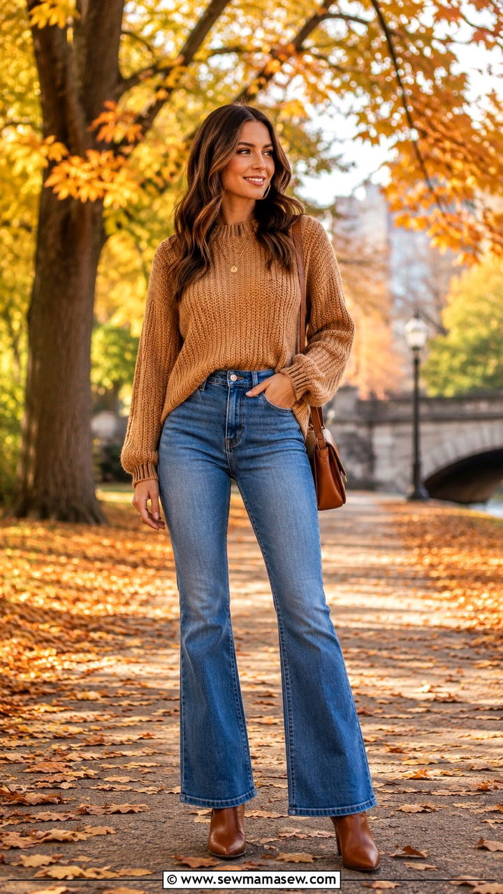 Chunky Knit Sweater with Half Tuck and Ankle Boots - 30 How to style flare jeans