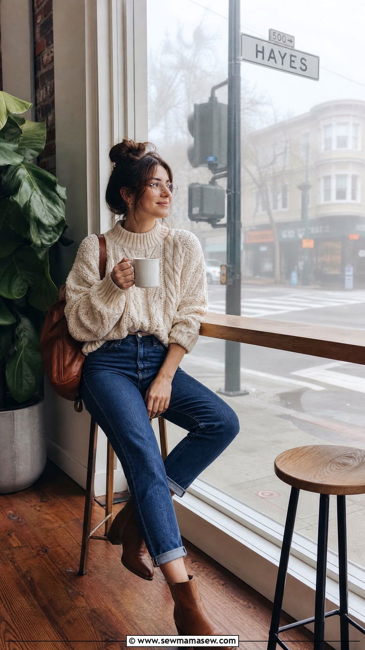 Chunky Knit Sweater with High Waisted Jeans - 40 What to wear in San Francisco