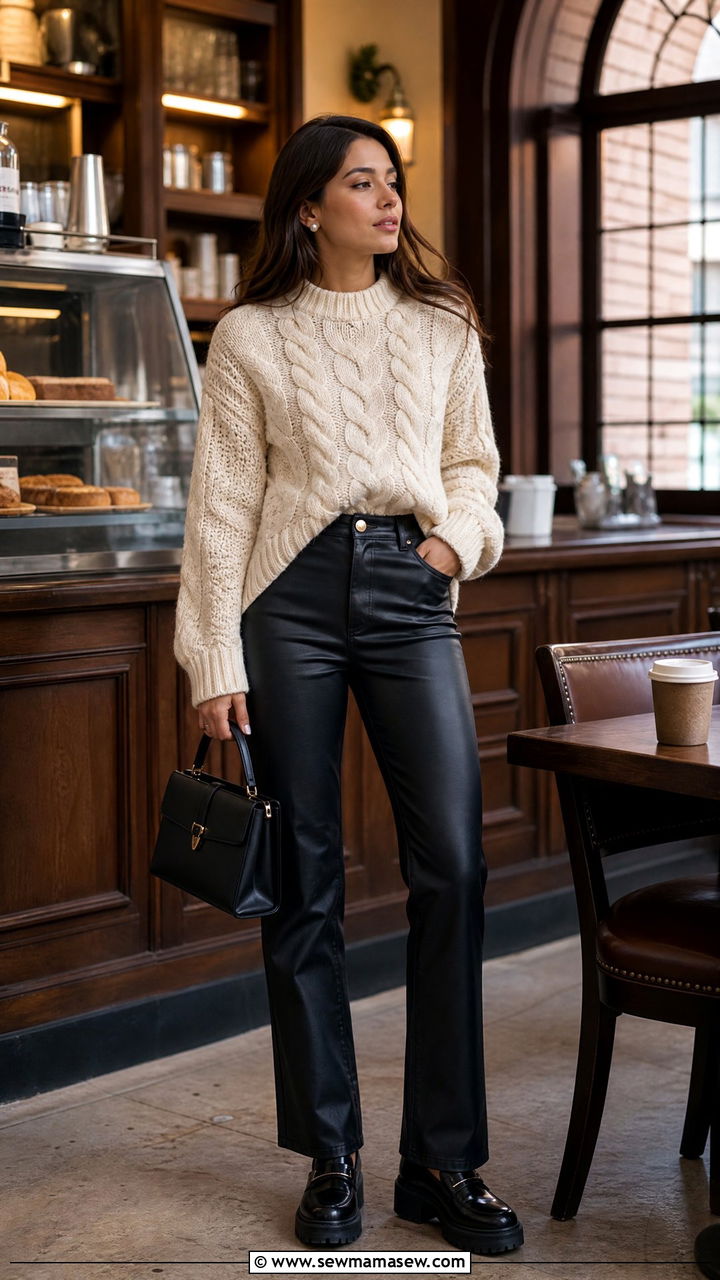 Chunky Knit Sweater with Leather Look Trousers and Loafers - 30 College campus outfit ideas 2026