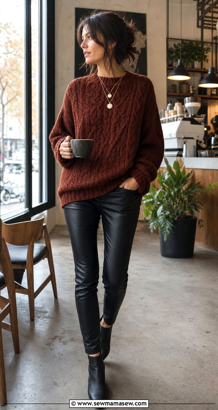 Chunky Knit Sweater with Leather Pants and Ankle Boots - 25 cute dark academia outfits