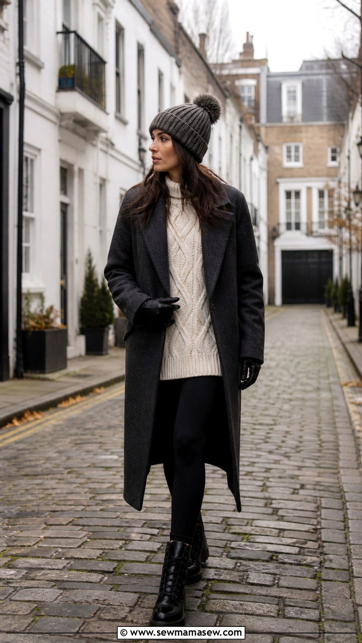 Chunky Knit Sweater with Leggings and Combat Boots Outfit - 40 What to wear in London
