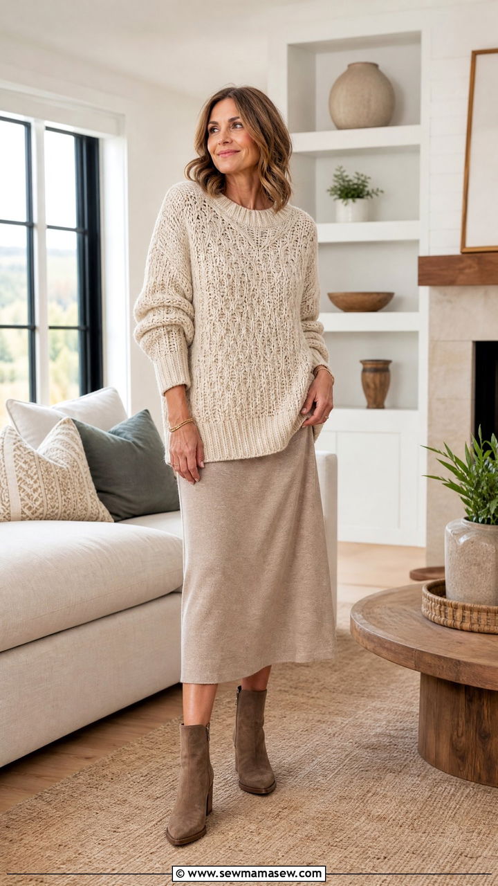 Chunky Knit Sweater with Midi Skirt Outfit - 35 Loungewear outfit ideas for women over 40