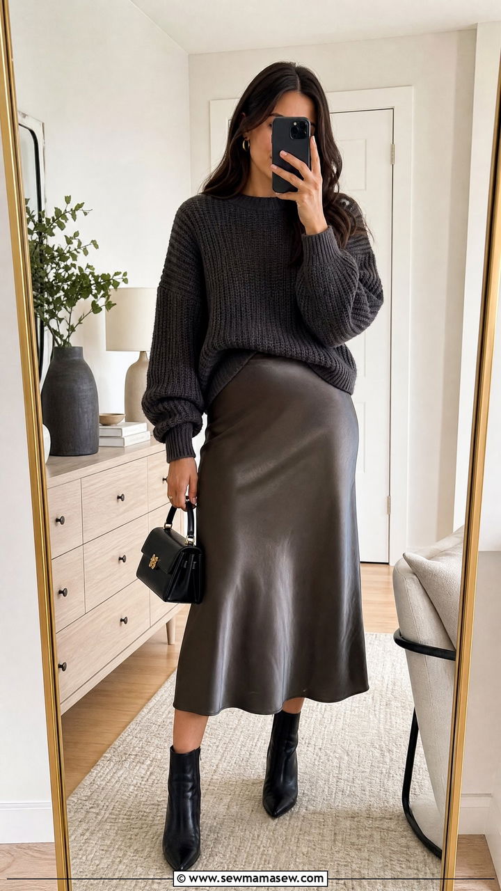 Chunky Knit Sweater with Midi Skirt and Ankle Boots - 25 casual classy outfits