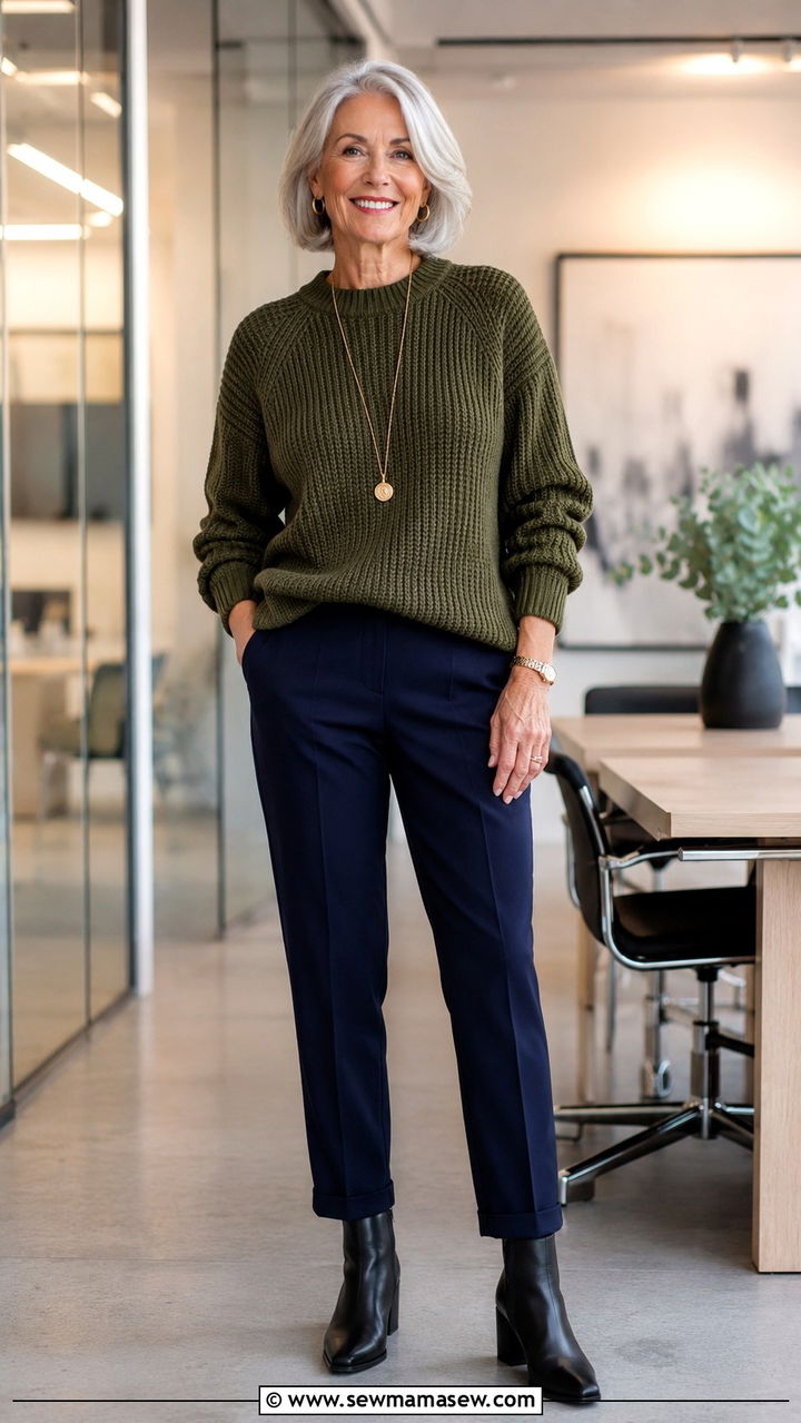Chunky Knit Sweater with Navy Tailored Trousers - 25 Work outfits for women over 60