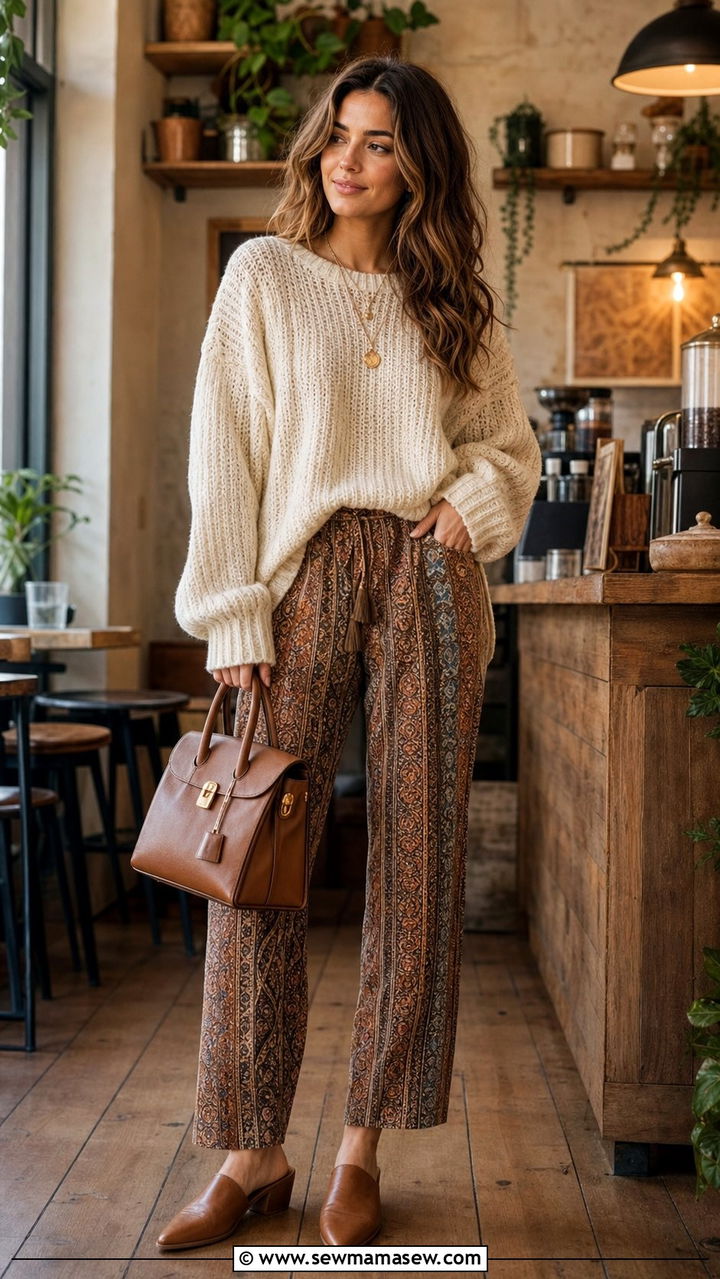 Chunky Knit Sweater with Patterned Boho Pants and Mules - 35 casual boho outfits