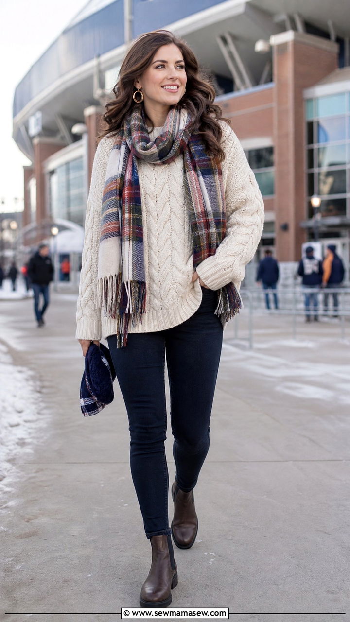 Chunky Knit Sweater with Plaid Scarf and Chelsea Boots - 25 Hockey game outfit ideas