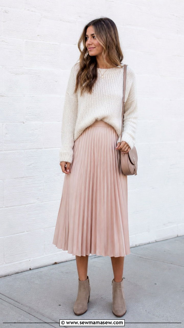 Chunky Knit Sweater with Pleated Skirt Outfit - 40 spring work outfit ideas