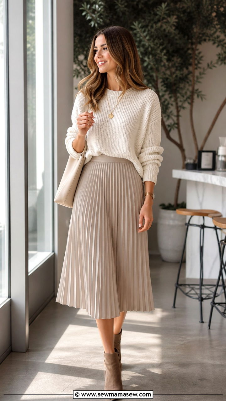 Chunky Knit Sweater with Pleated Skirt - 40 Spring work outfits
