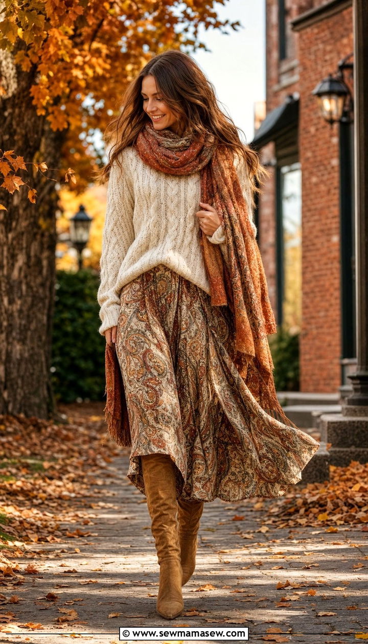 Chunky Knit Sweater with Printed Maxi Skirt - 35 boho outfits for women