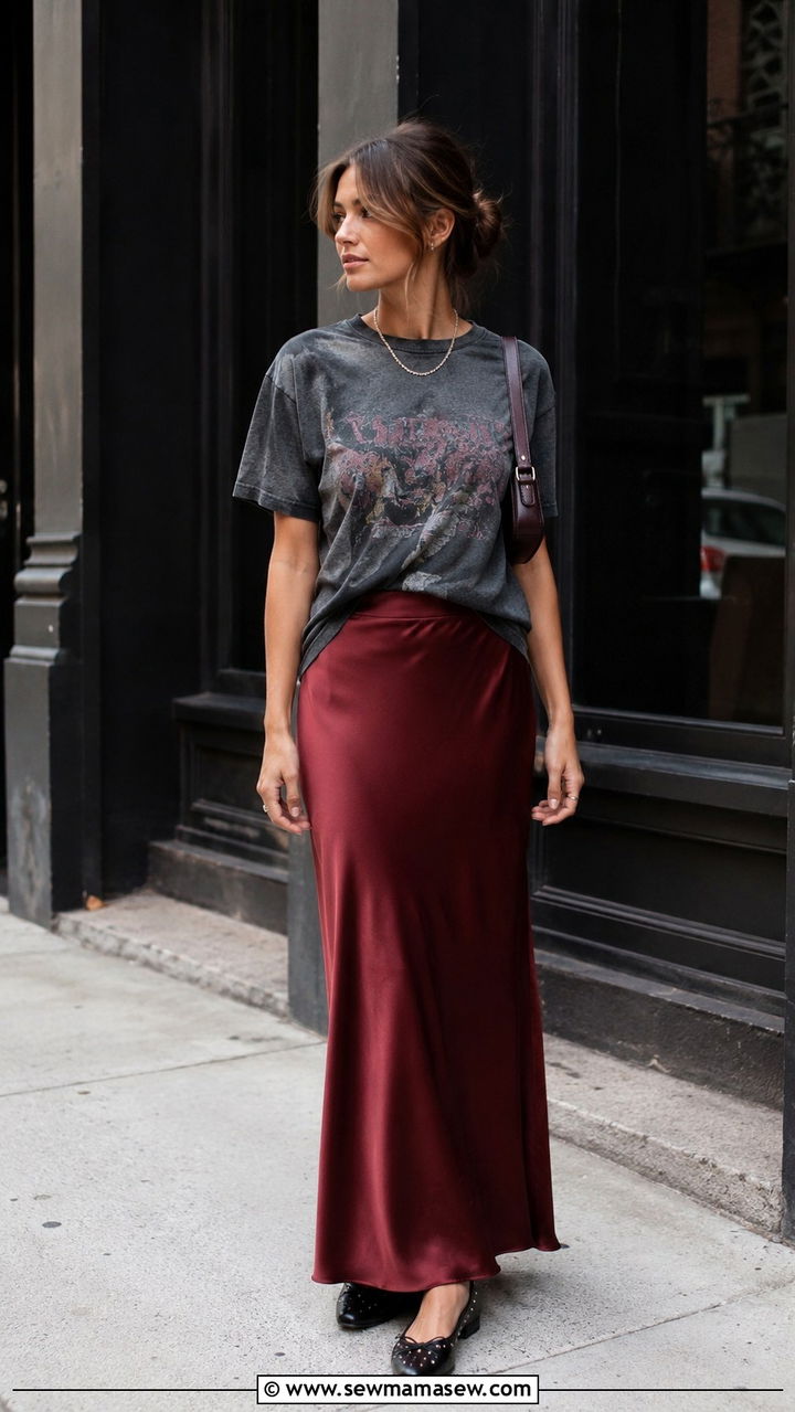 Chunky Knit Sweater with Satin Midi Skirt - 30 transitional skirt outfit ideas