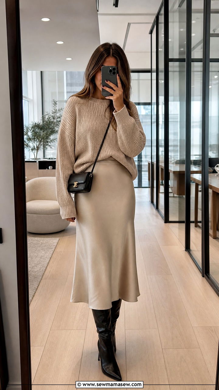 Chunky Knit Sweater with Satin Midi Skirt and Knee High Boots - 25 How to style a midi skirt for work