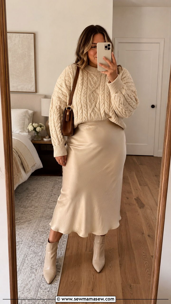Chunky Knit Sweater with Satin Slip Skirt and Boots - 30 transitional midsize outfit ideas