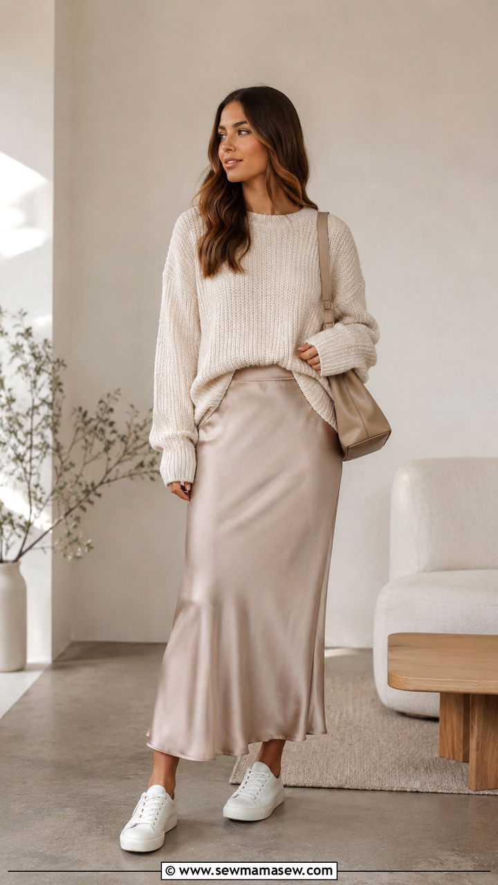 Chunky Knit Sweater with Satin Slip Skirt and Sneakers - 30 Shoulder season outfit ideas