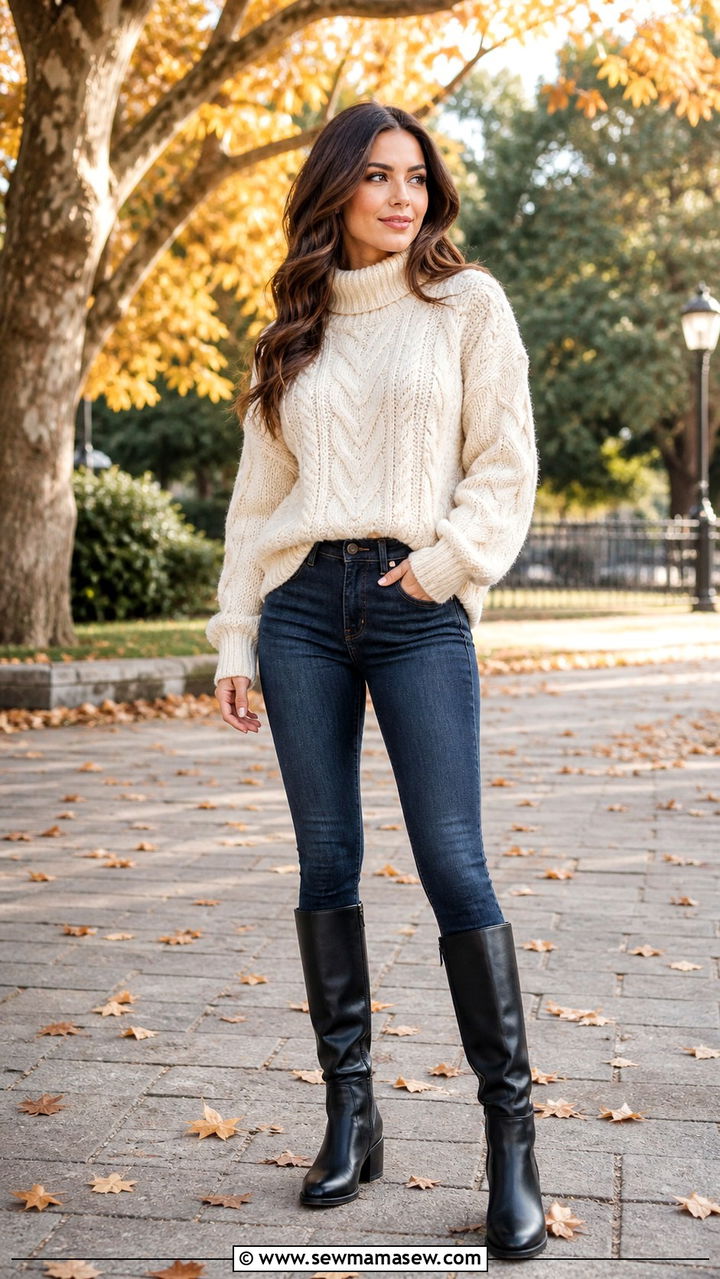 Chunky Knit Sweater with Skinny Jeans and Knee High Boots - 40 casual jeans outfits