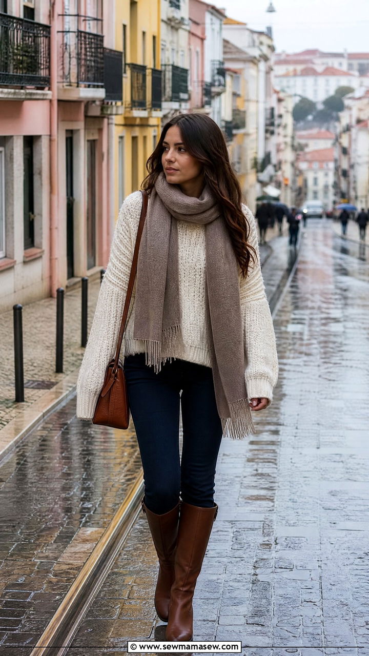 Chunky Knit Sweater with Slim Jeans and Boots - 35 Lisbon vacation outfit ideas