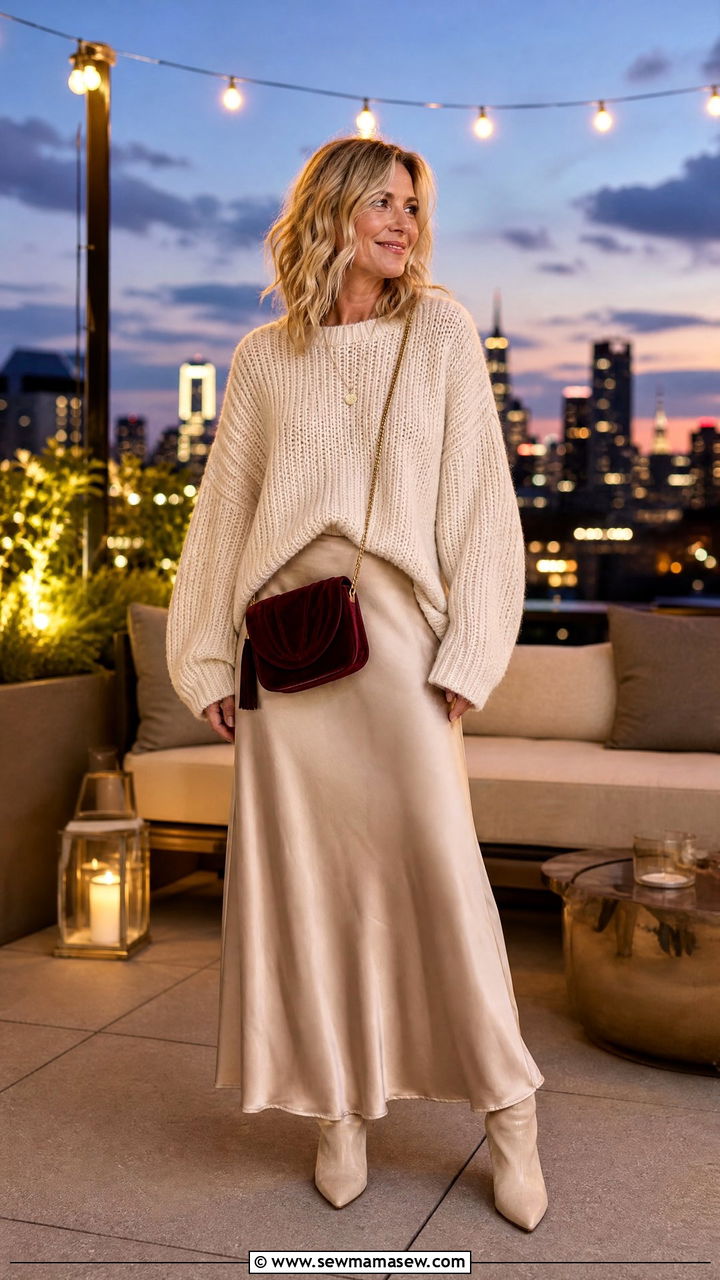 Chunky Knit Sweater with Slip Skirt for Evening Festival Outfit - 30 music festival outfits for women over 40