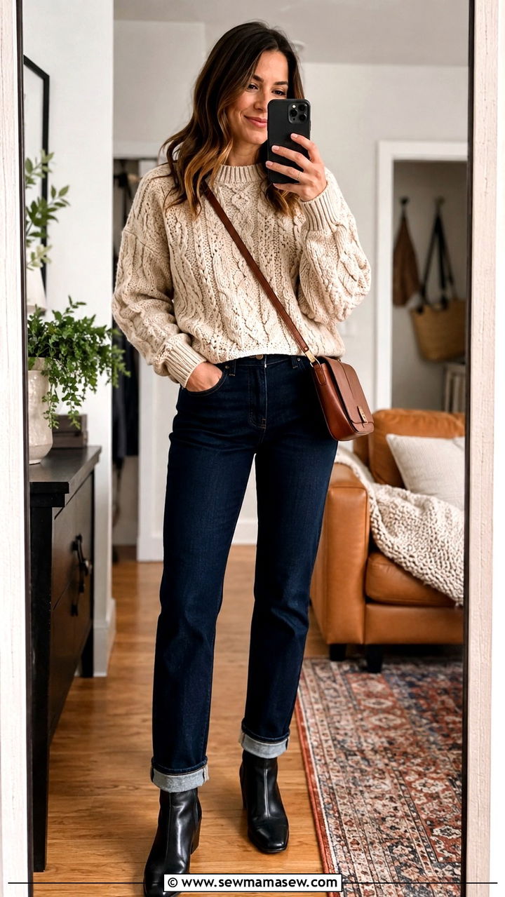 Chunky Knit Sweater with Straight Leg Denim and Ankle Boots - 30 casual outfits for women over 30