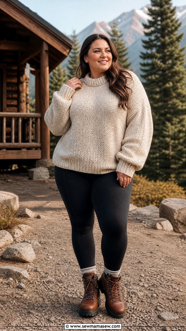 Chunky Knit Sweater with Thermal Leggings and Hiking Boots - 25 Hiking outfit ideas plus size