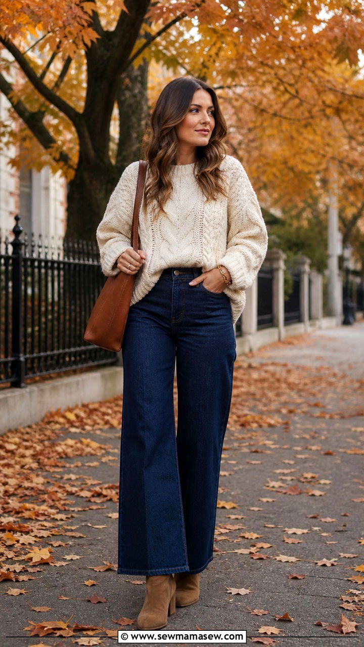 Chunky Knit Sweater with Wide Leg Jeans and Ankle Boots - 40 jeans outfit ideas for women