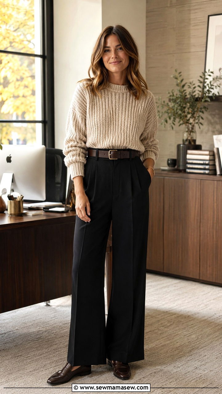 Chunky Knit Sweater with Wide Leg Trousers and Loafers - 25 work outfits Pinterest