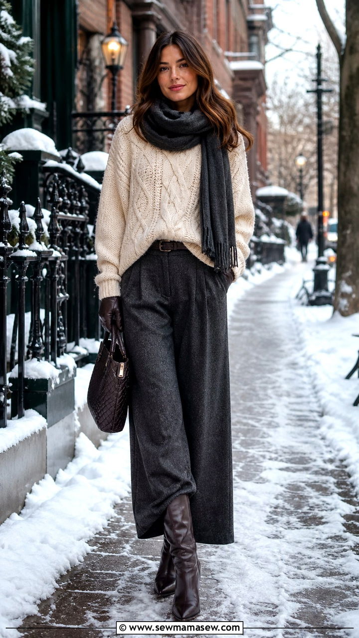 Chunky Knit Sweater with Wool Palazzo Pants - 40 palazzo pants outfit ideas