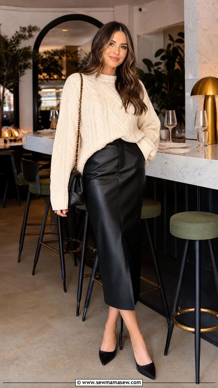 Chunky Knit Sweater with a Leather Midi Skirt - 35 How to style a sweater in spring