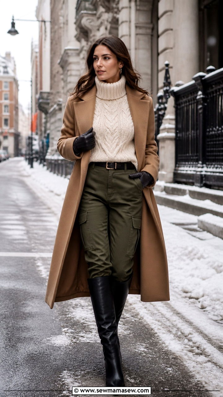 Chunky Knit Turtleneck With Cargo Pants and Knee High Boots Outfit - 40 cargo pants outfit ideas for women