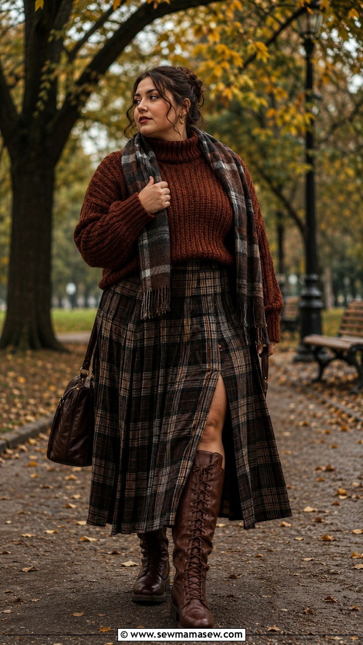 Chunky Knit Turtleneck With Plaid Pleated Maxi Skirt And Wide Calf Boots - 20 Dark academia outfits for curvy women
