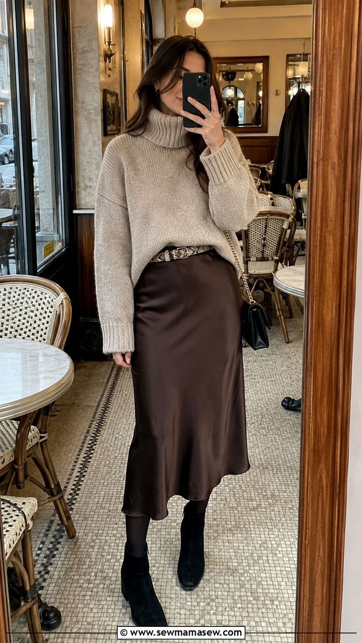 Chunky Knit Turtleneck With Satin Bias Skirt - 30 cute Paris outfits