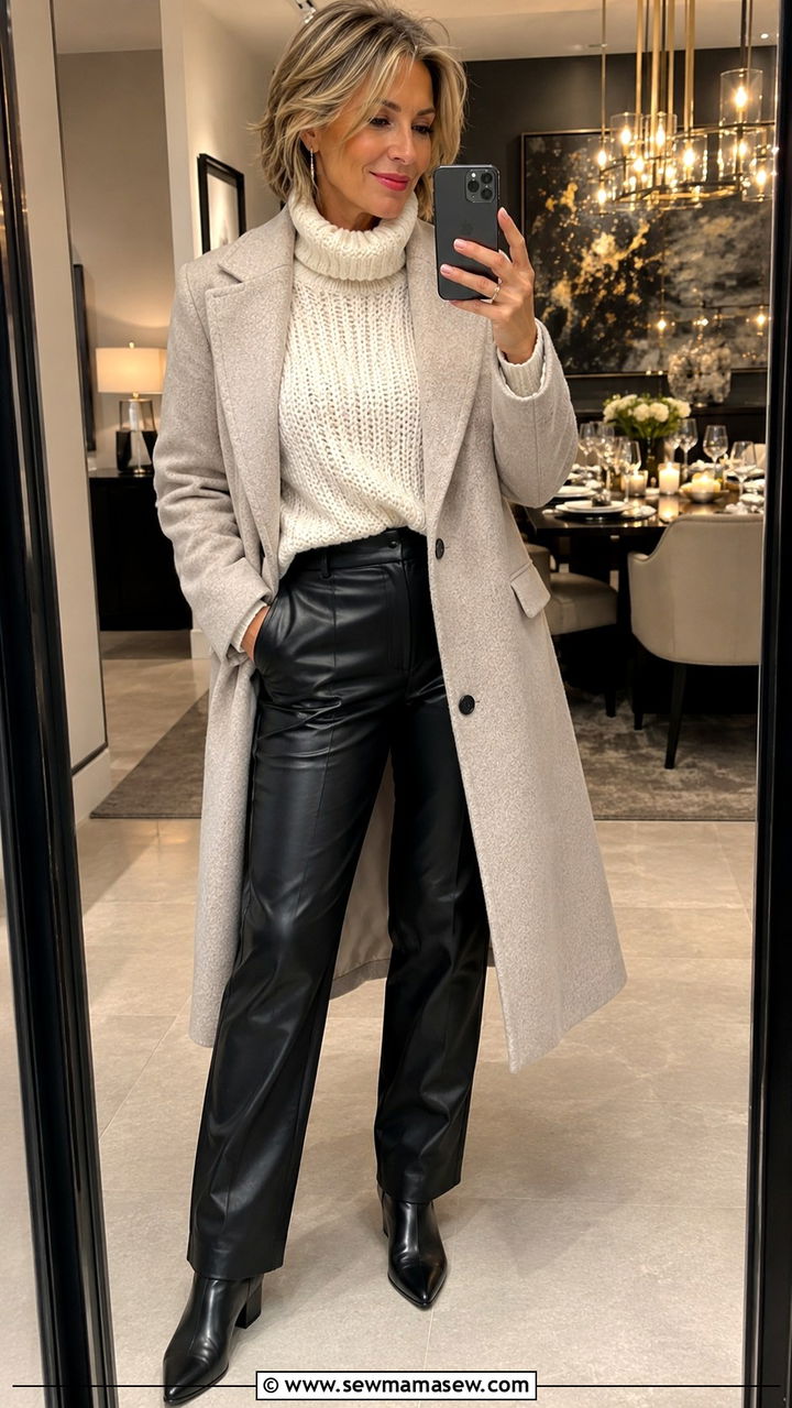 Chunky Knit Turtleneck with Faux Leather Trousers - 30 Outfit ideas for women over 45