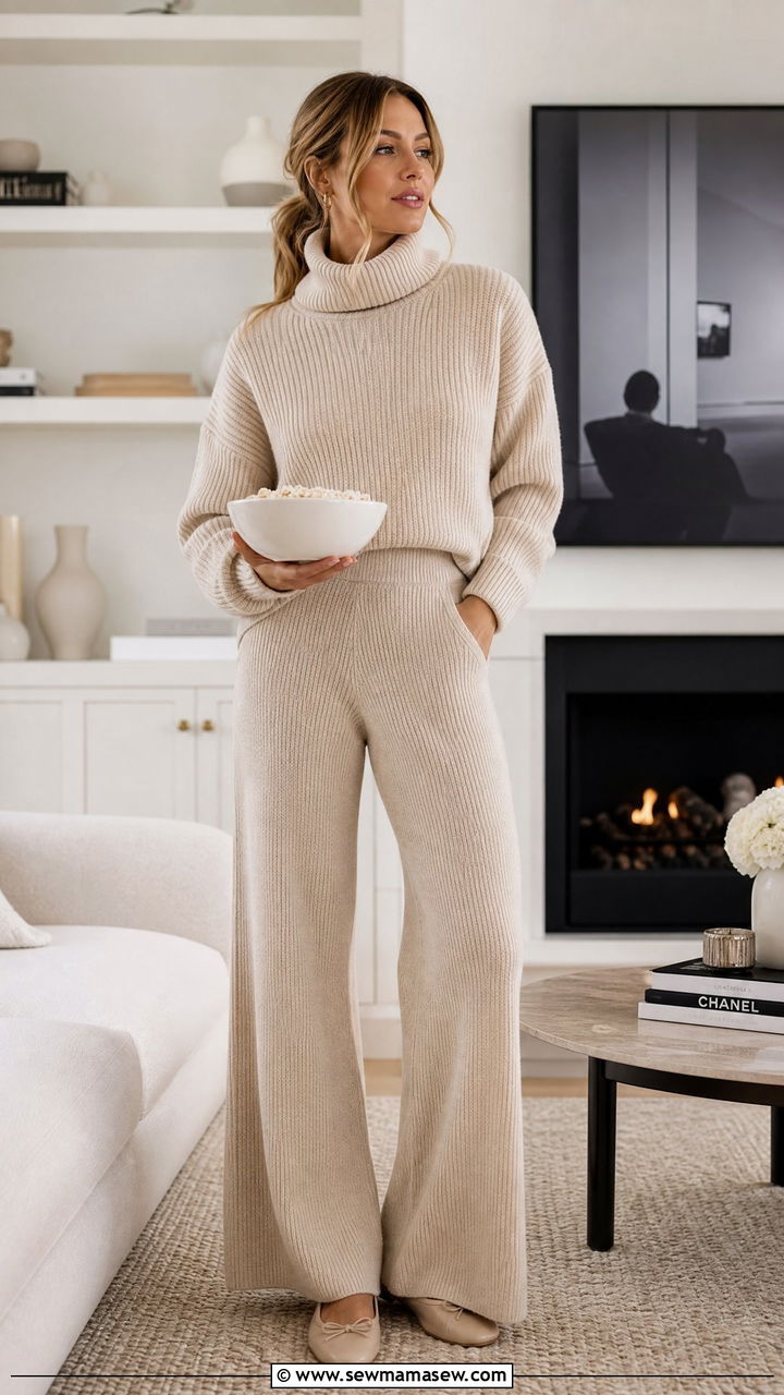 Chunky Knit Turtleneck with Wide Leg Pants - 30 Cozy movie night outfit ideas