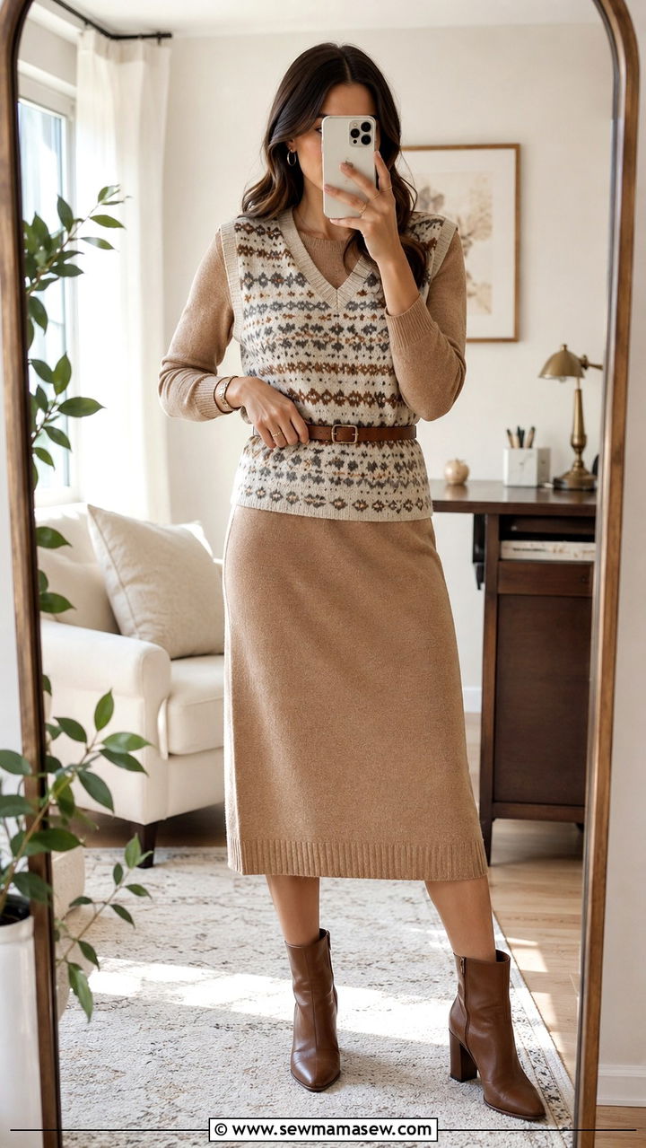 Chunky Knit Vest Layered Over A Midi Dress - 20 Eclectic grandpa outfit ideas for work