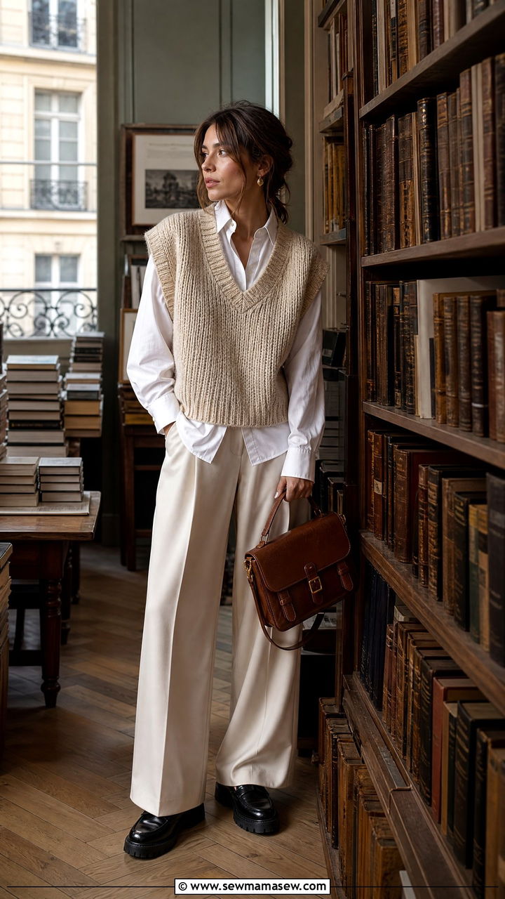 Chunky Knit Vest With Wide Leg Trousers and Loafers - 35 French girl spring outfit ideas