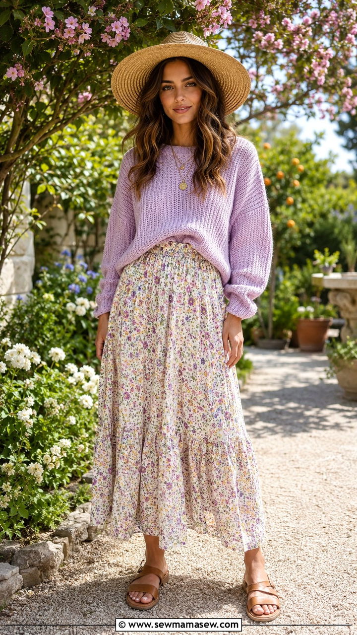 Chunky Knit With Floral Maxi Skirt - 30 Chill spring outfit ideas