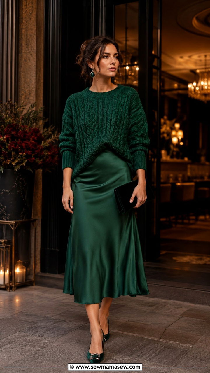 Chunky Knit With Satin Midi Skirt - 30 transitional cute outfit ideas