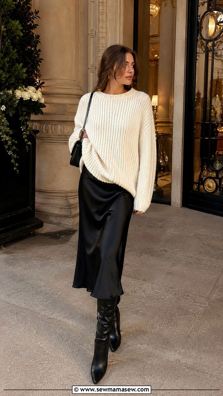 Chunky Knit With Slip Skirt and Knee High Boots - 30 parisian capsule wardrobe outfits