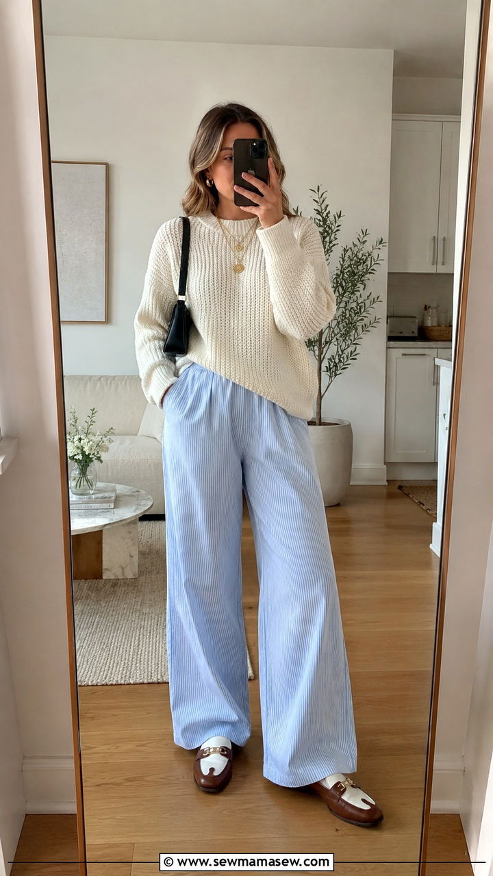 Chunky Knit With Striped Wide Leg Pants And Loafers - 30 transitional everyday outfits for women