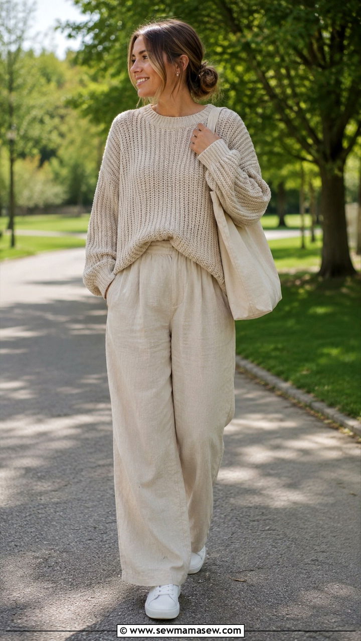 Chunky Knit With Wide Leg Linen Trousers - 25 Wide leg linen pants outfit ideas with a sweater