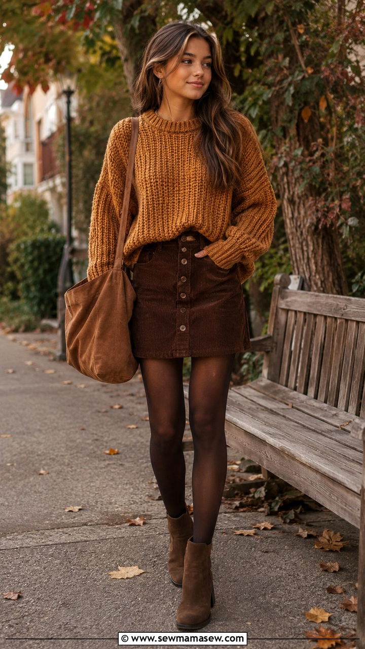 Chunky Knit and Corduroy Skirt - 30 School outfit ideas with skirt