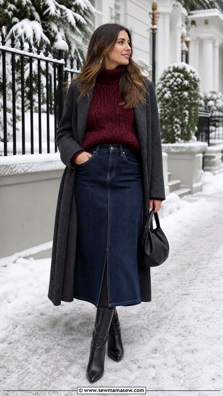 Chunky Knit and Denim Skirt Winter Outfit - 25 chic denim skirt outfit ideas