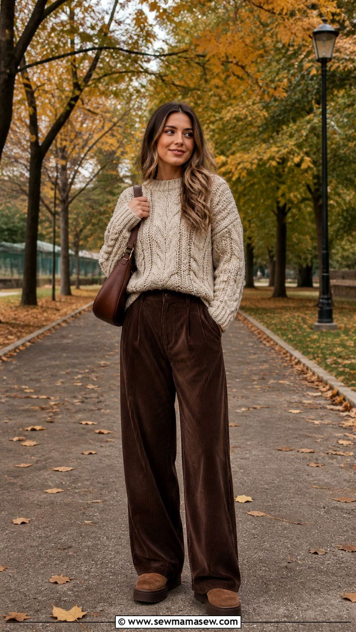 Chunky Knit with Corduroy Trousers - 40 parisian outfits for women