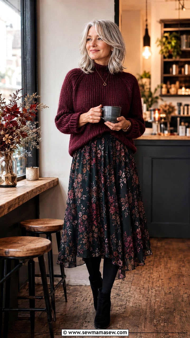 Chunky Knit with Flowy Midi Skirt - 30 Modest outfit ideas for women over 50