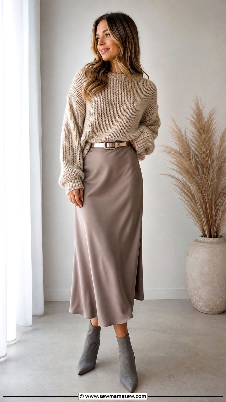 Chunky Knit with Midi Skirt and Pointed Toe Boots - 25 Business casual outfits with boots
