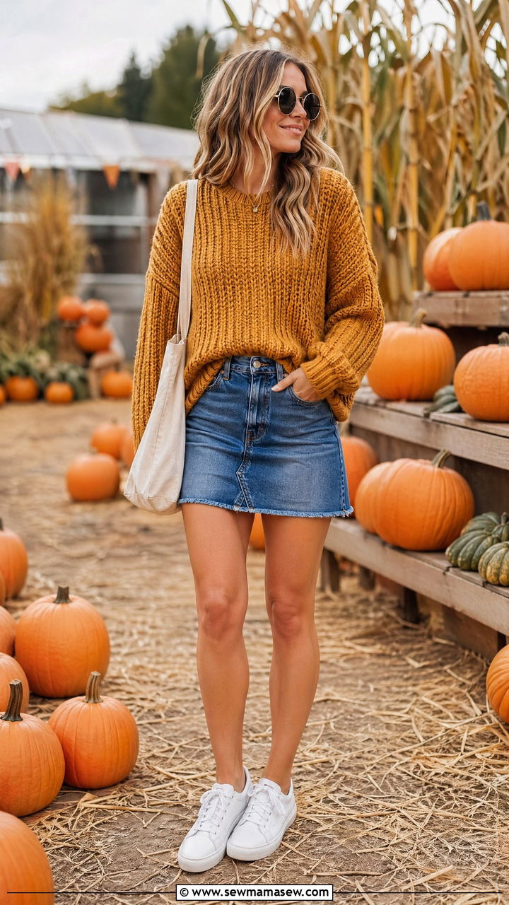 Chunky Mustard Sweater with A Line Denim Mini and White Sneakers - 35 denim skirt outfits ideas