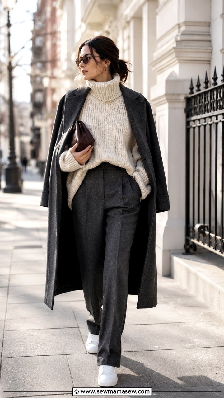 Chunky Oatmeal Knit with Charcoal Tailored Trousers - 30 quiet luxury outfits aesthetic