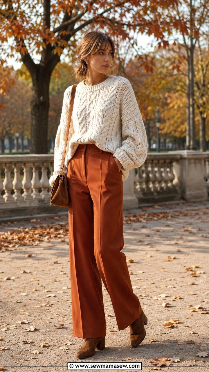 Chunky Oversized Sweater With Rust Wide Leg Pants And Ankle Boots - 30 classy French girl outfits