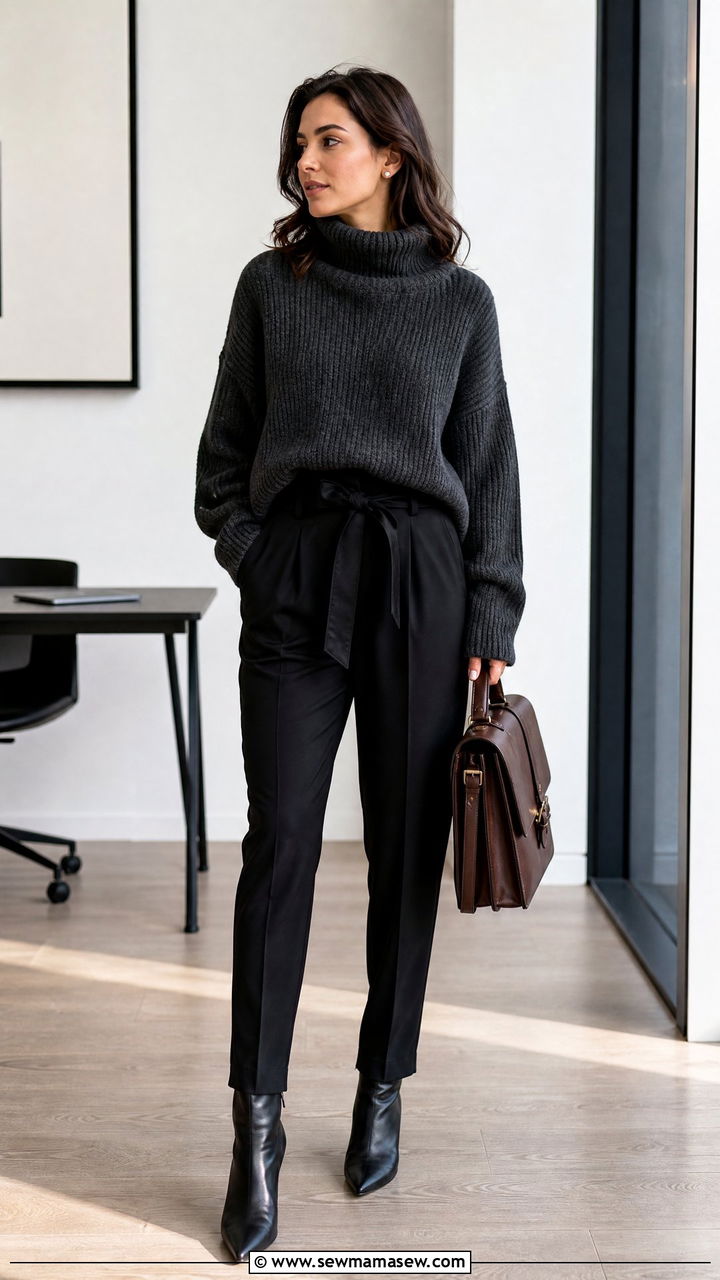 Chunky Roll Neck and Paperbag Waist Trousers - 30 Dark academia work outfits