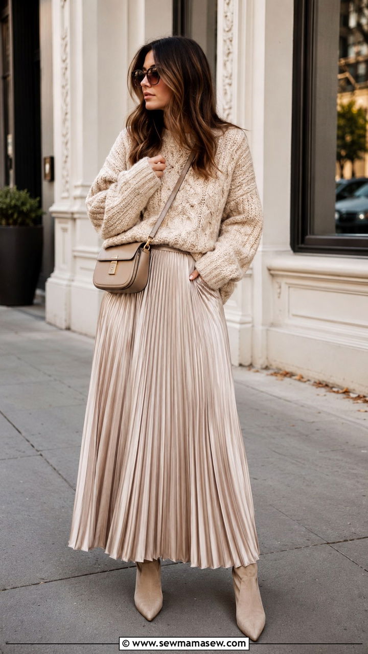 Chunky Sweater And Pleated Maxi Skirt - 30 Maxi skirt outfit ideas with a sweater