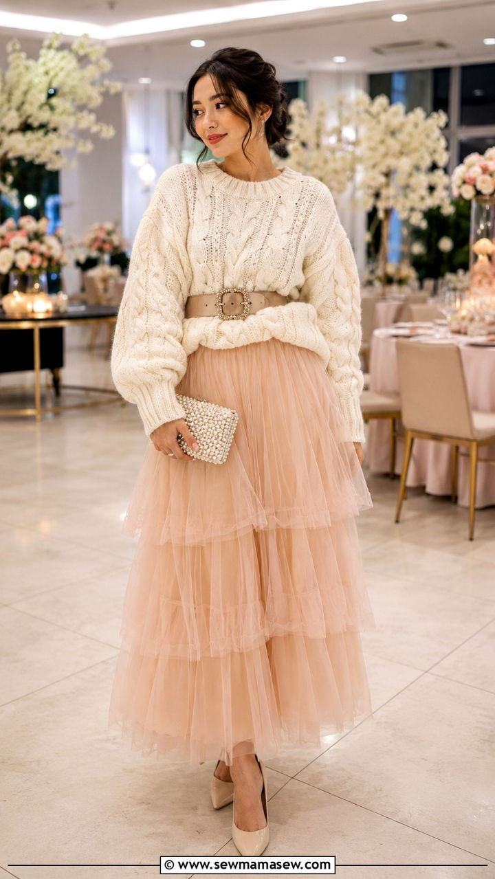 Chunky Sweater And Tulle Maxi Skirt - 30 Maxi skirt outfit ideas with a sweater