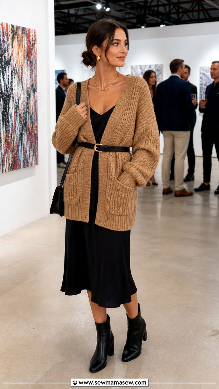 Chunky Sweater Belted Over a Midi Slip Dress - 40 casual chunky sweater outfits
